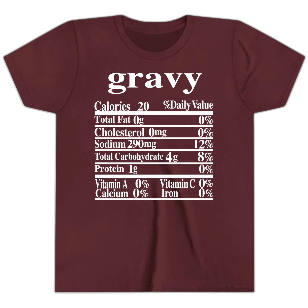 Thanksgiving Gravy Nutrition Label Youth T-Shirt in Maroon