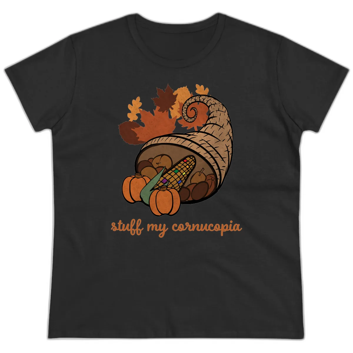 Stuff My Cornucopia Thanksgiving Graphic Ladies Tee in Black