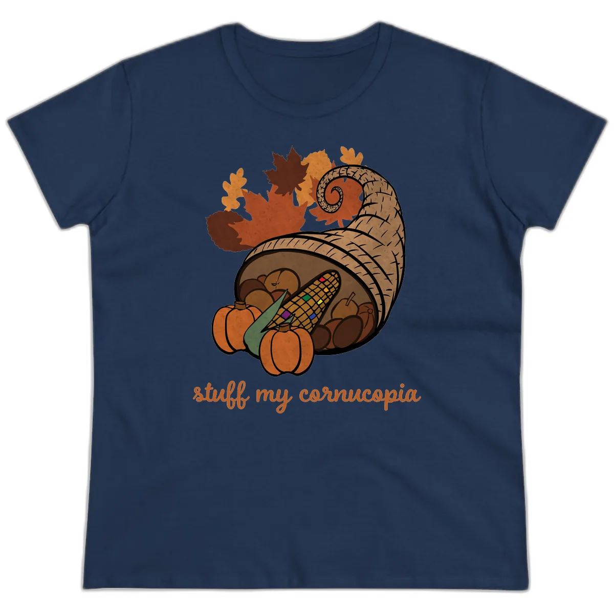 Stuff My Cornucopia Thanksgiving Graphic Ladies Tee in Navy
