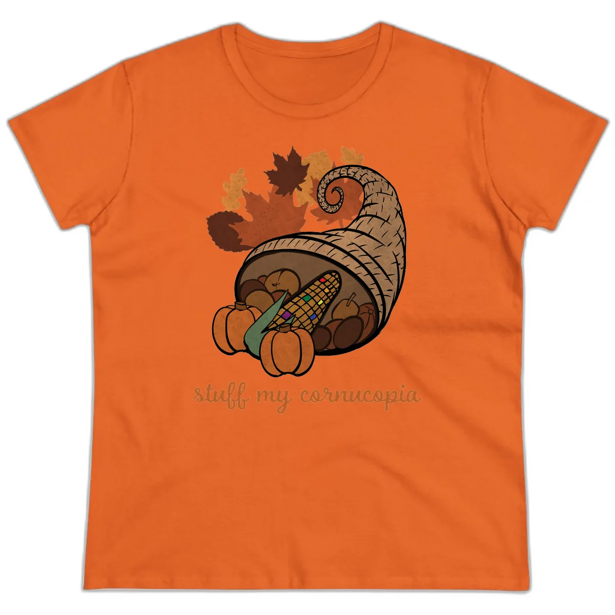 Stuff My Cornucopia Thanksgiving Graphic Ladies Tee in Orange
