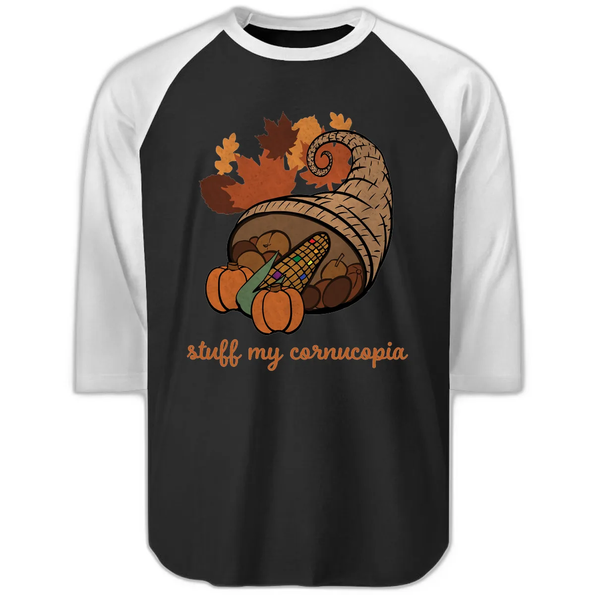 Stuff My Cornucopia Thanksgiving Graphic Raglan 3/4 in Black White