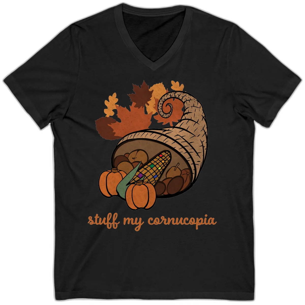 Stuff My Cornucopia Thanksgiving Graphic V-Neck in Black