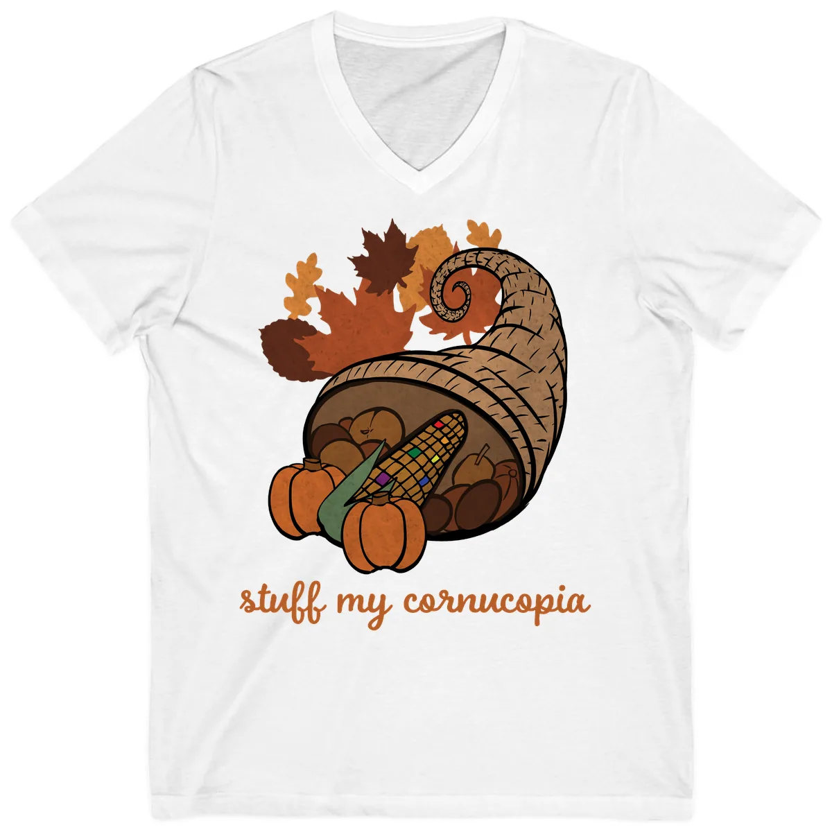 Stuff My Cornucopia Thanksgiving Graphic V-Neck in White