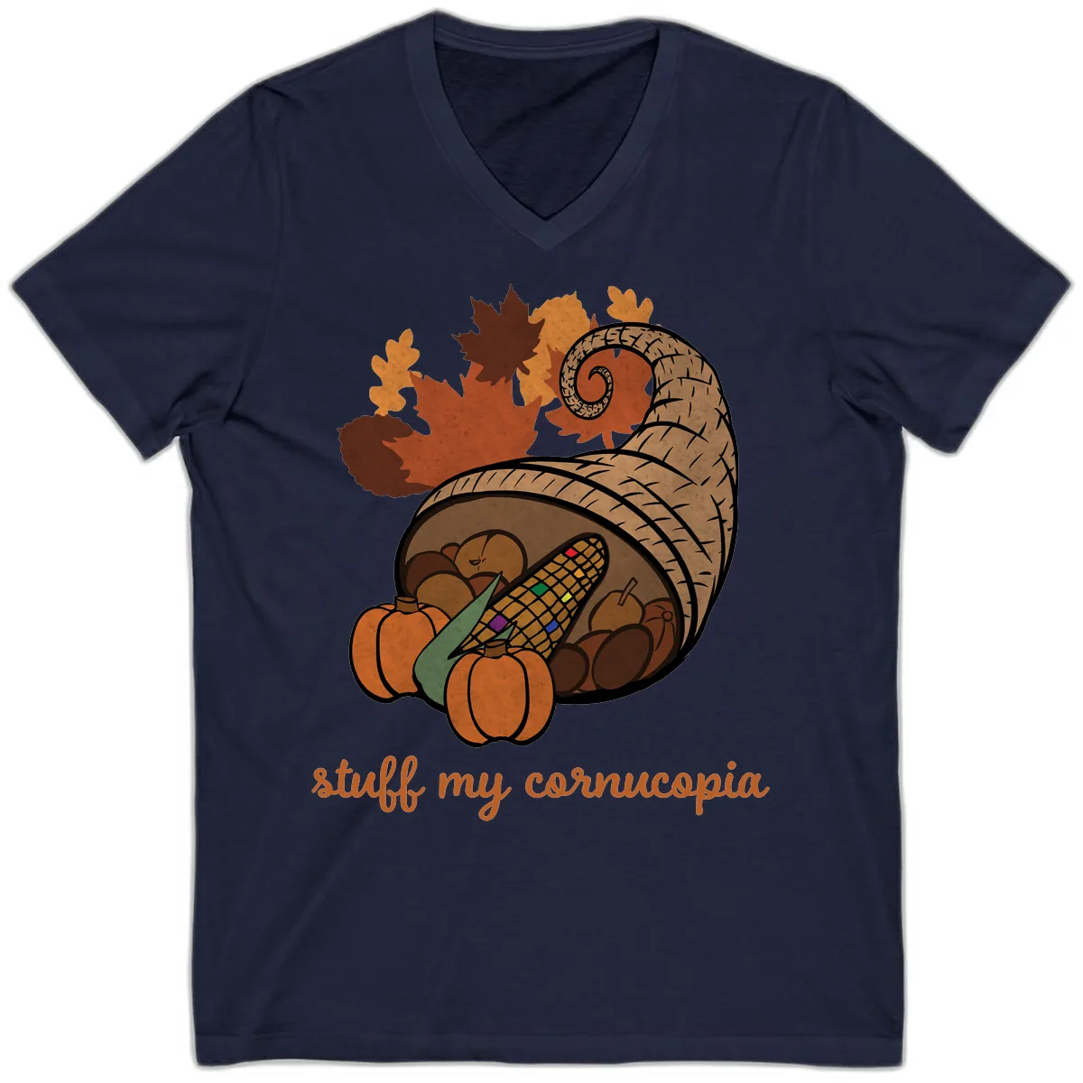 Stuff My Cornucopia Thanksgiving Graphic V-Neck in Navy