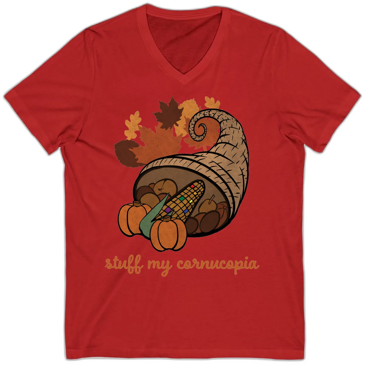 Stuff My Cornucopia Thanksgiving Graphic V-Neck in Red