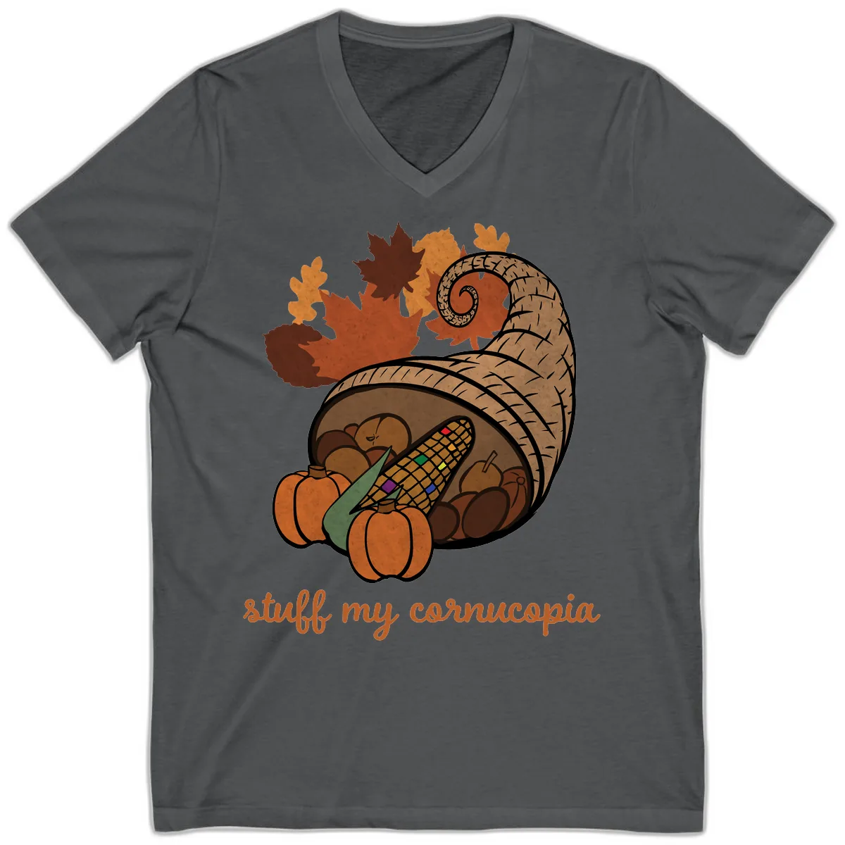 Stuff My Cornucopia Thanksgiving Graphic V-Neck in Asphalt