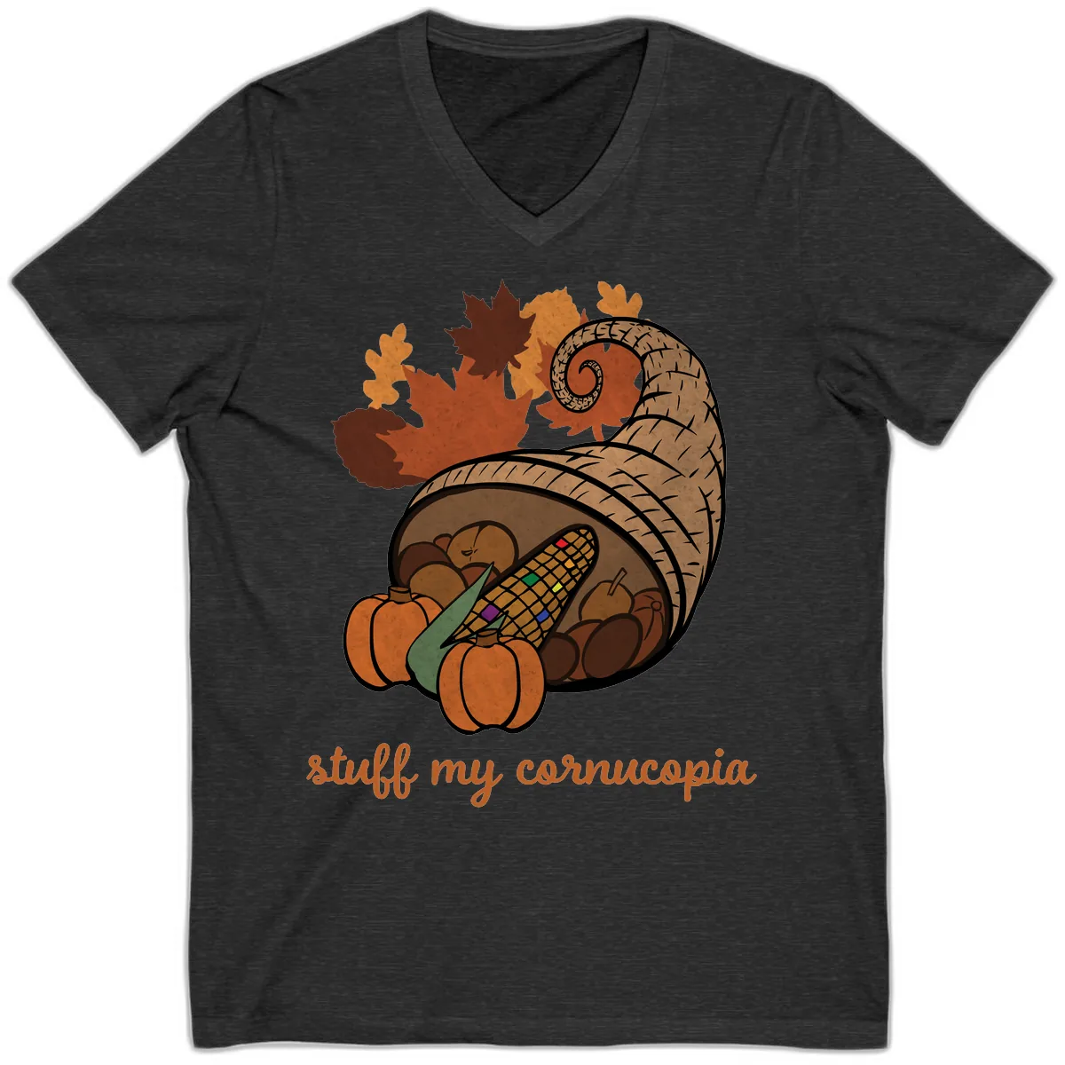 Stuff My Cornucopia Thanksgiving Graphic V-Neck in Dark Grey Heather