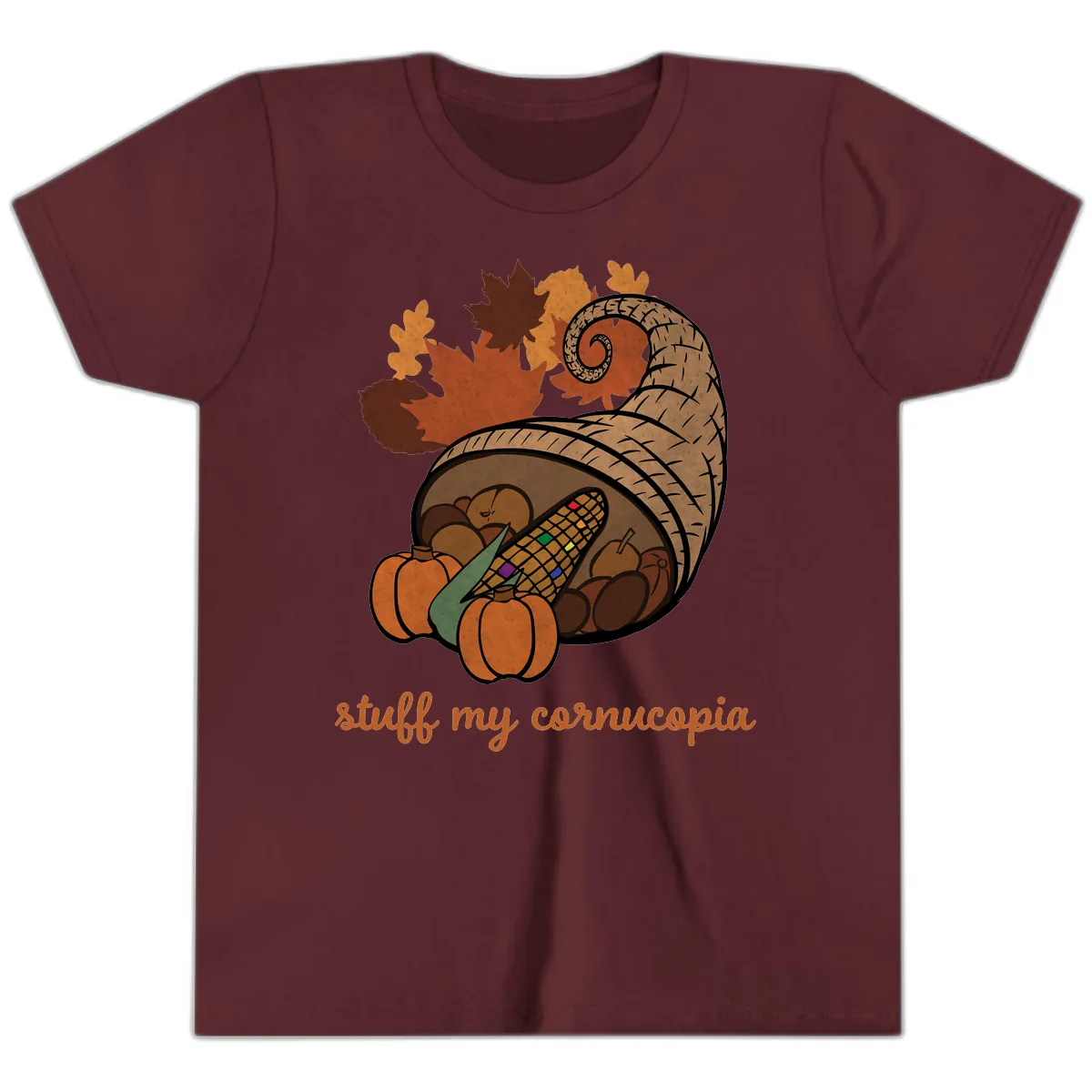 Stuff My Cornucopia Thanksgiving Graphic Youth T-Shirt in Maroon