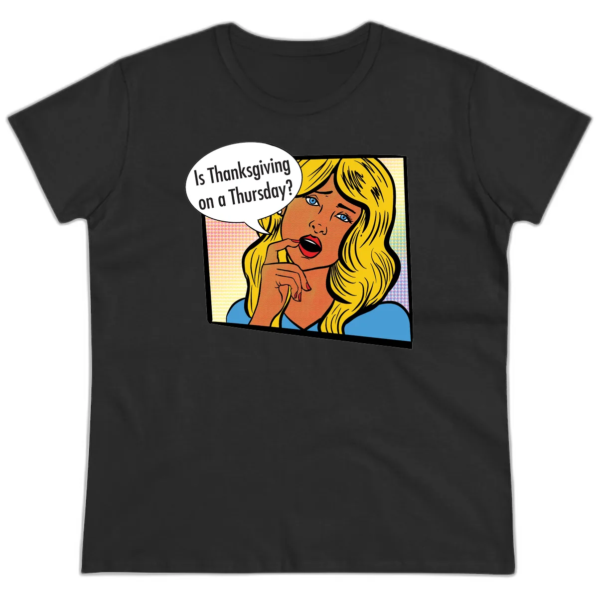 Thanksgiving Day Question Ladies Tee in Black