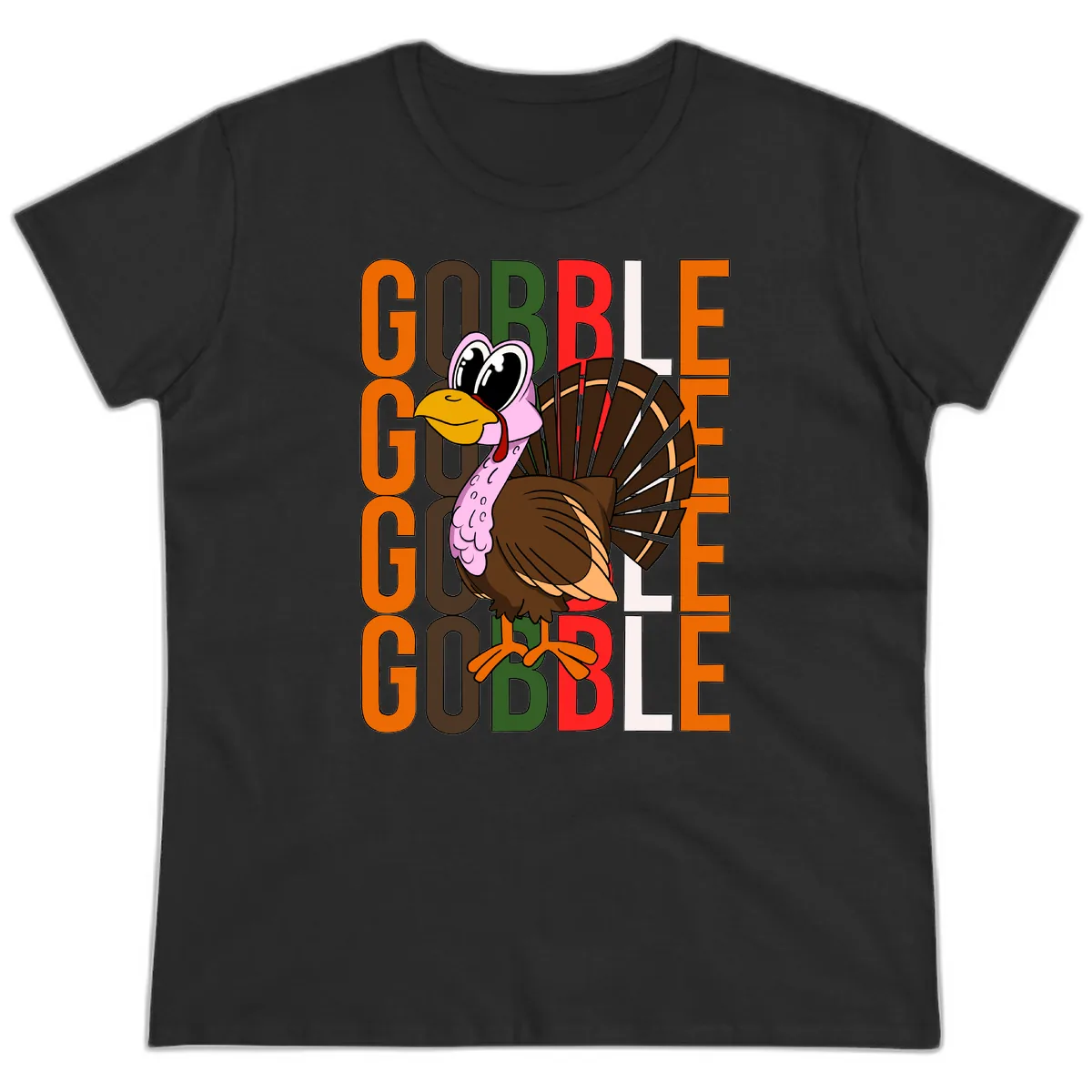 Gobble Turkey Thanksgiving Design Ladies Tee in Black