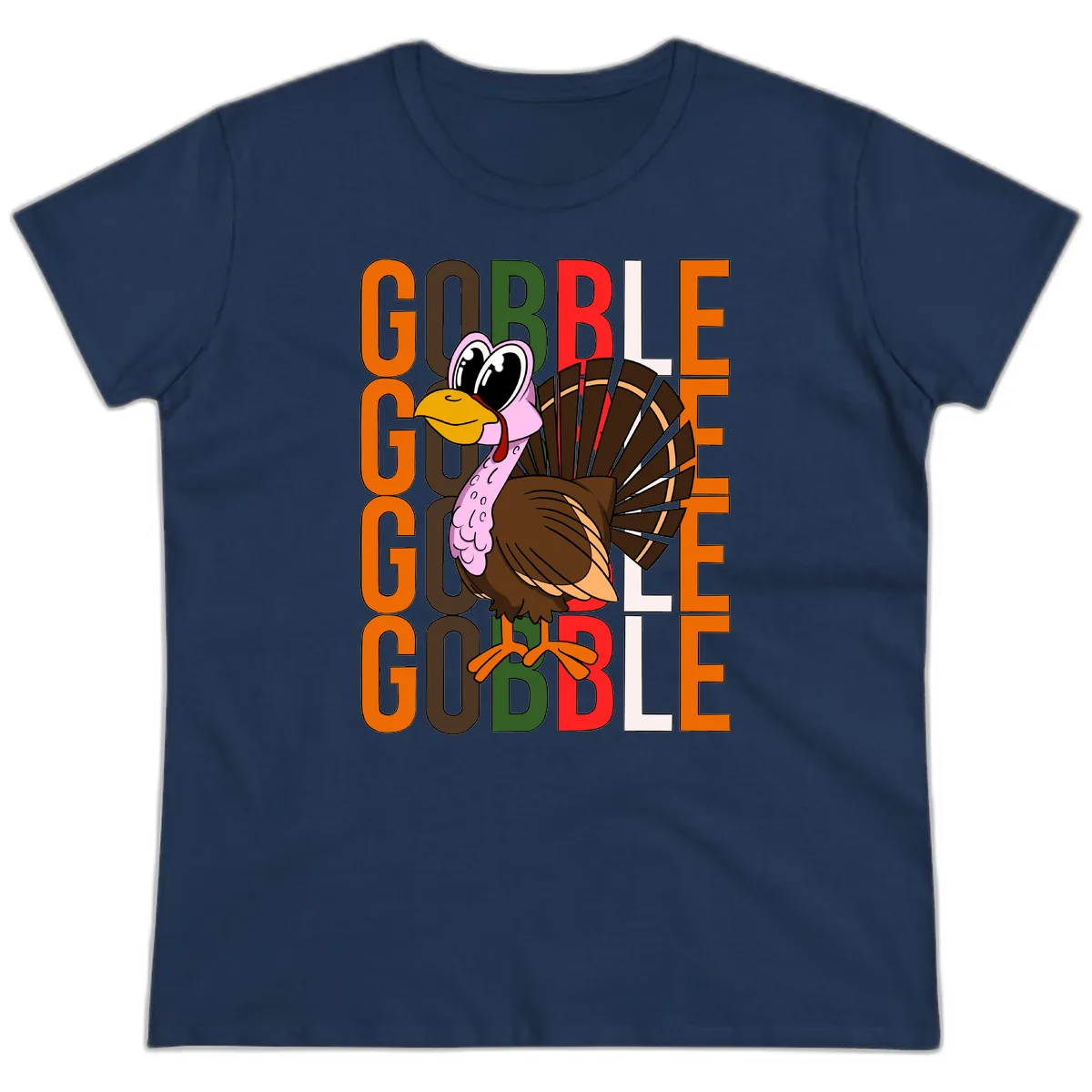 Gobble Turkey Thanksgiving Design Ladies Tee in Navy