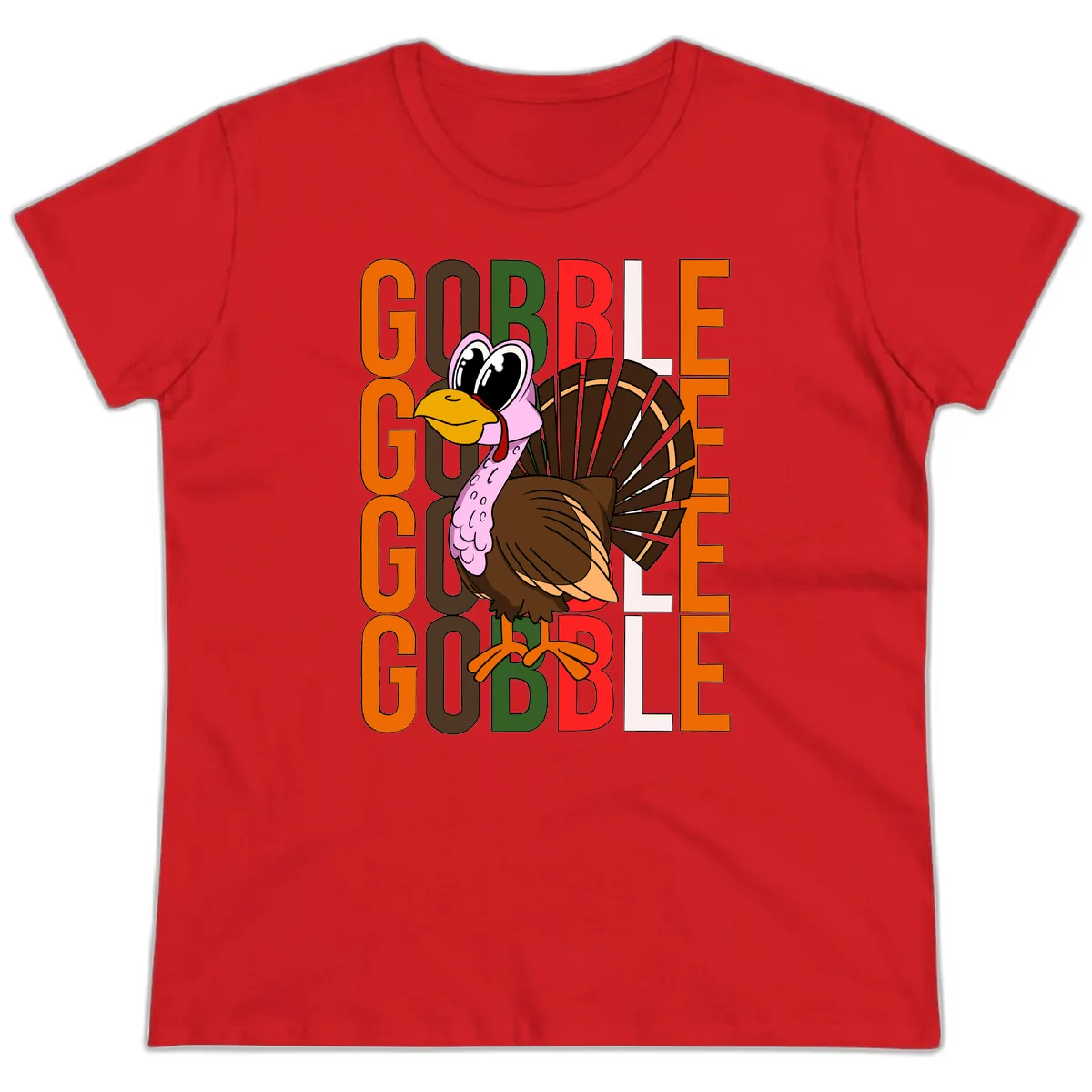 Gobble Turkey Thanksgiving Design Ladies Tee in Red