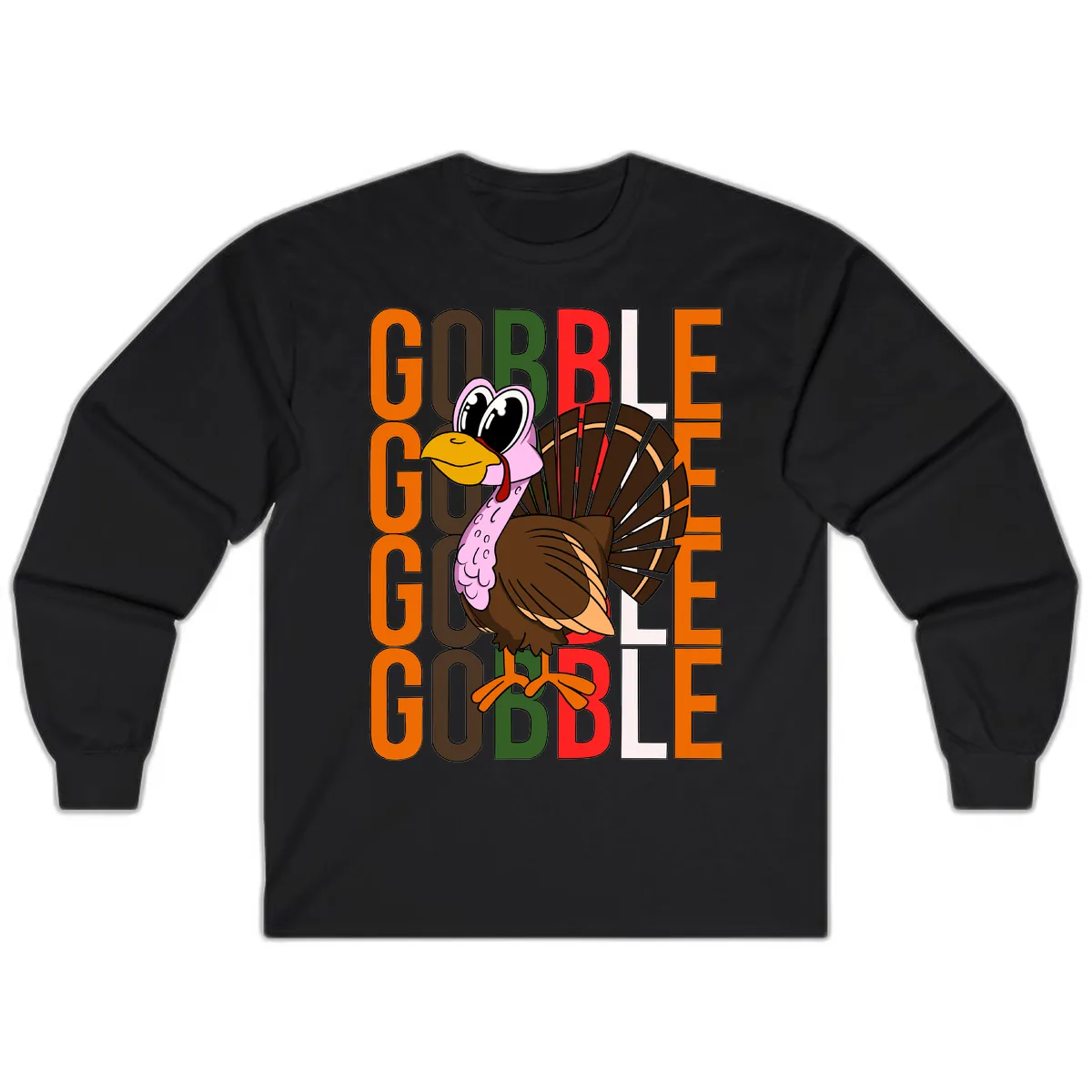 Gobble Turkey Thanksgiving Design Long Sleeve in Black