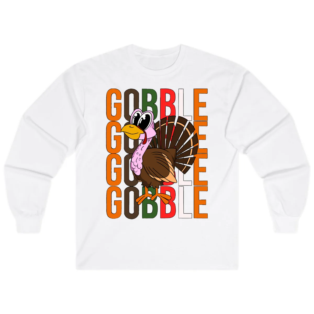 Gobble Turkey Thanksgiving Design Long Sleeve in White