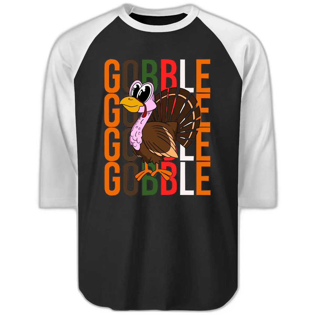 Gobble Turkey Thanksgiving Design Raglan 3/4 in Black White