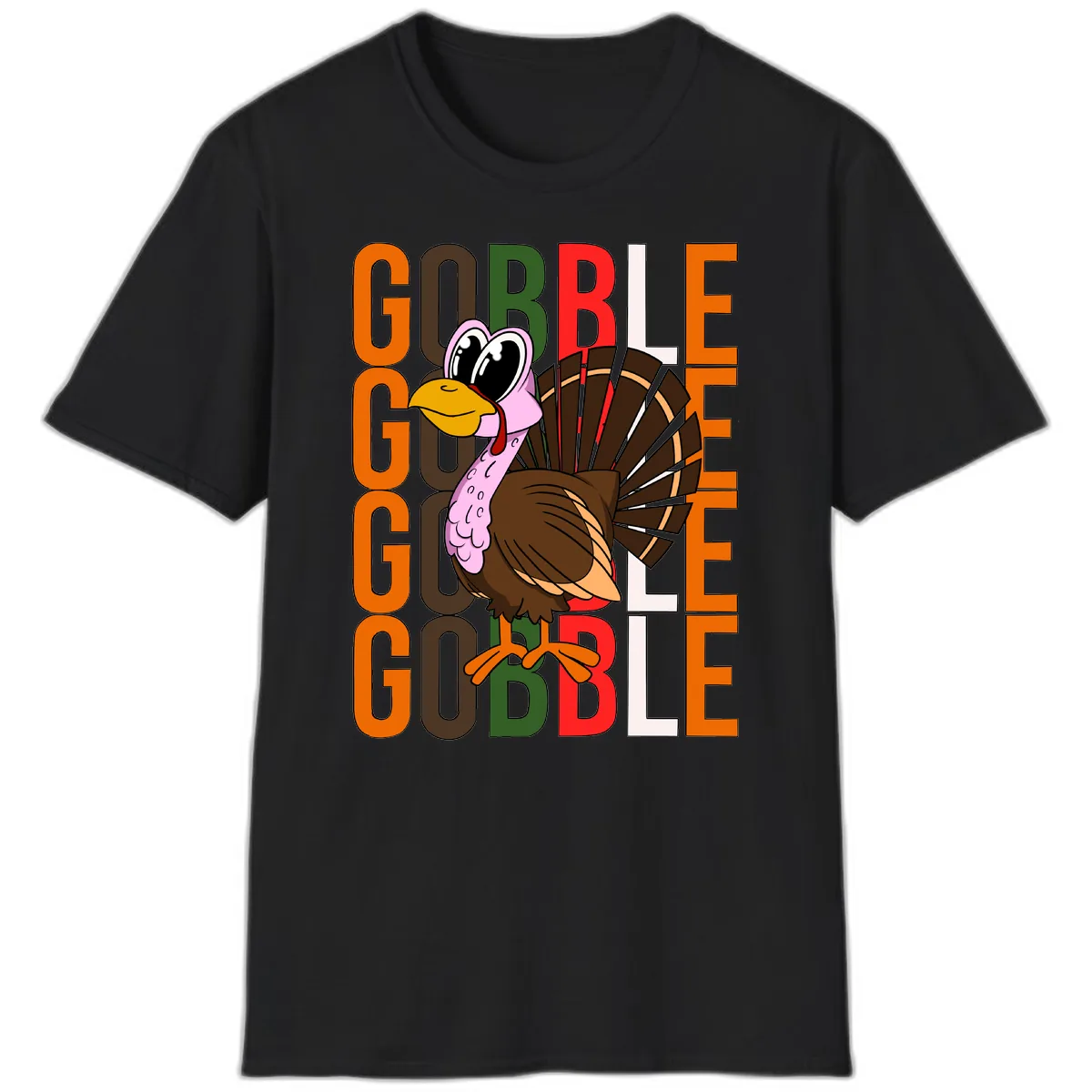 Gobble Turkey Thanksgiving Design T-Shirt in Black