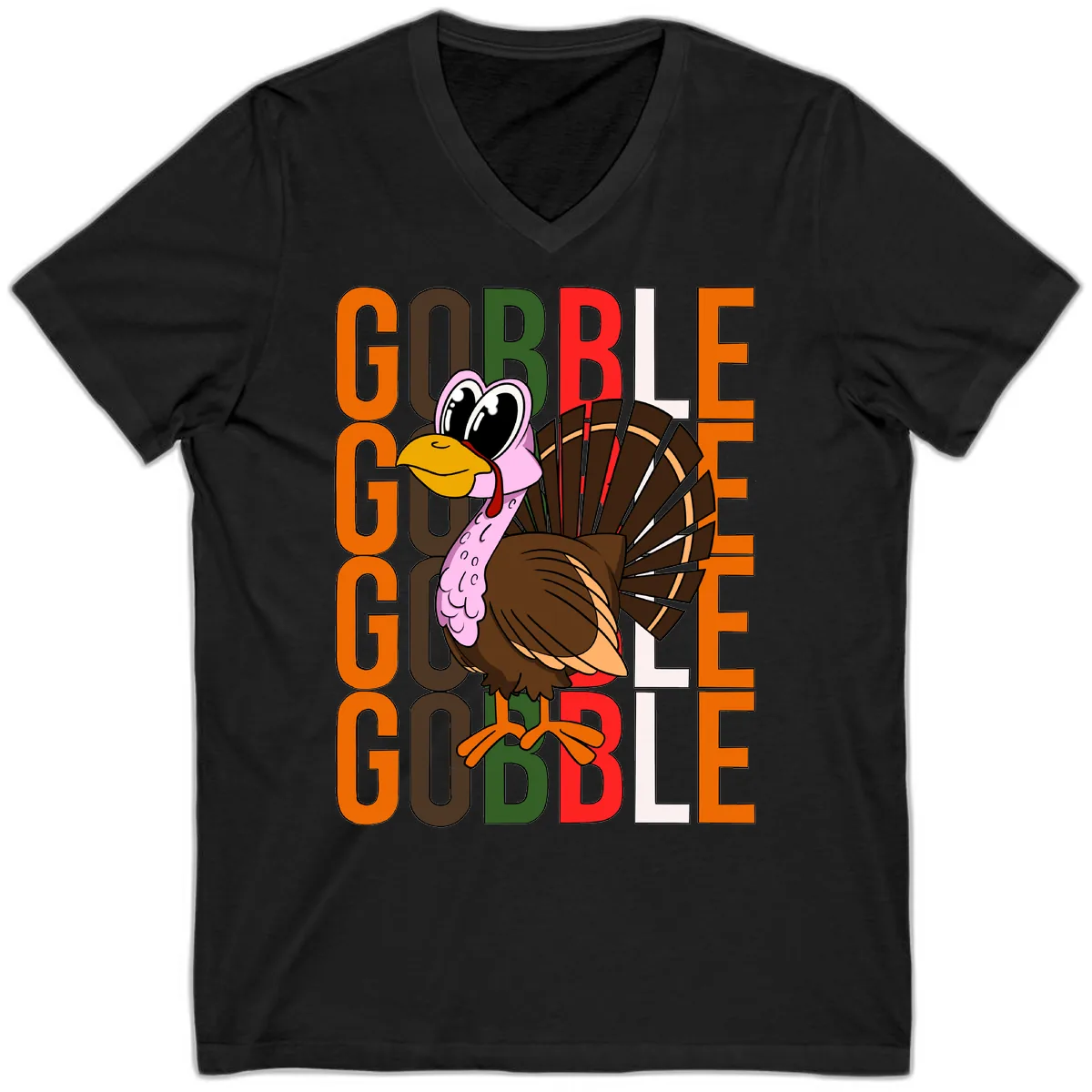 Gobble Turkey Thanksgiving Design V-Neck in Black