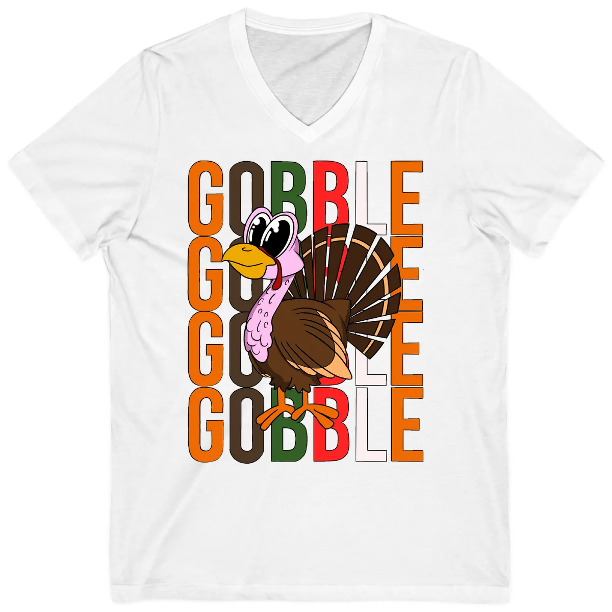 Gobble Turkey Thanksgiving Design V-Neck in White