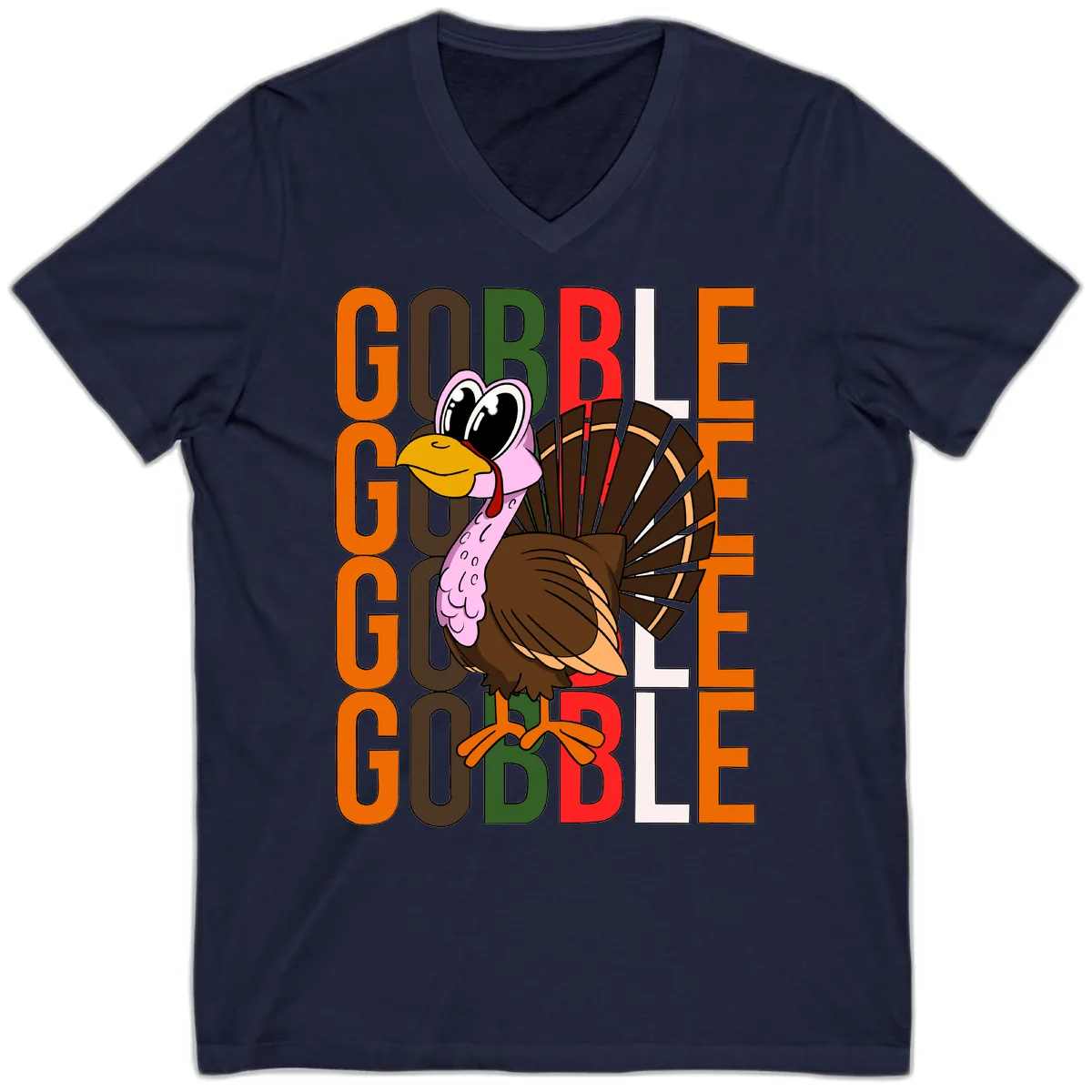 Gobble Turkey Thanksgiving Design V-Neck in Navy