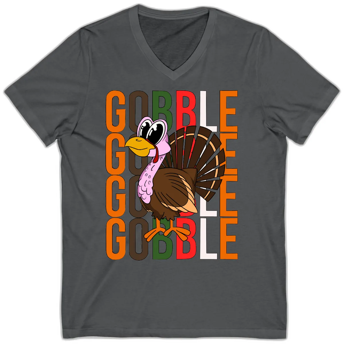 Gobble Turkey Thanksgiving Design V-Neck in Asphalt