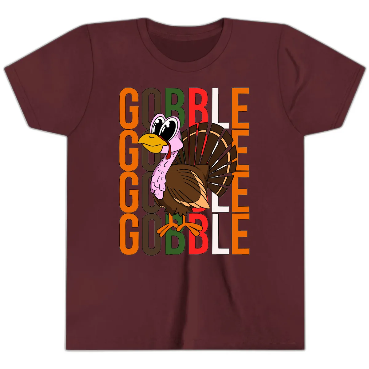 Gobble Turkey Thanksgiving Design Youth T-Shirt in Maroon