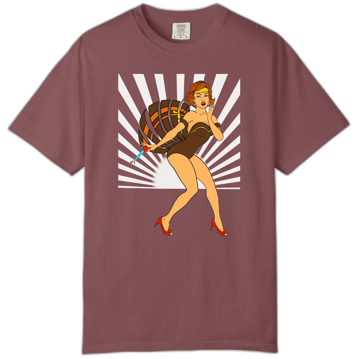 Pin-Up Girl With Barrel And Dagger Comfort Color in Brick