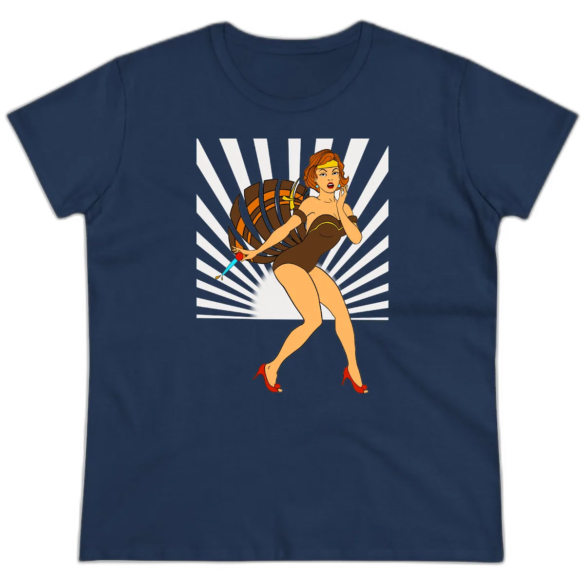 Pin-Up Girl With Barrel And Dagger Ladies Tee in Navy