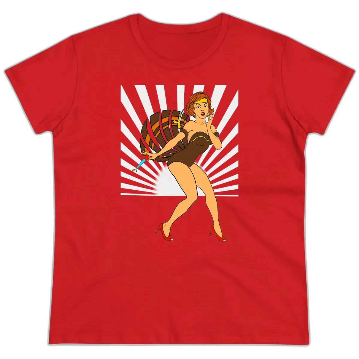 Pin-Up Girl With Barrel And Dagger Ladies Tee in Red