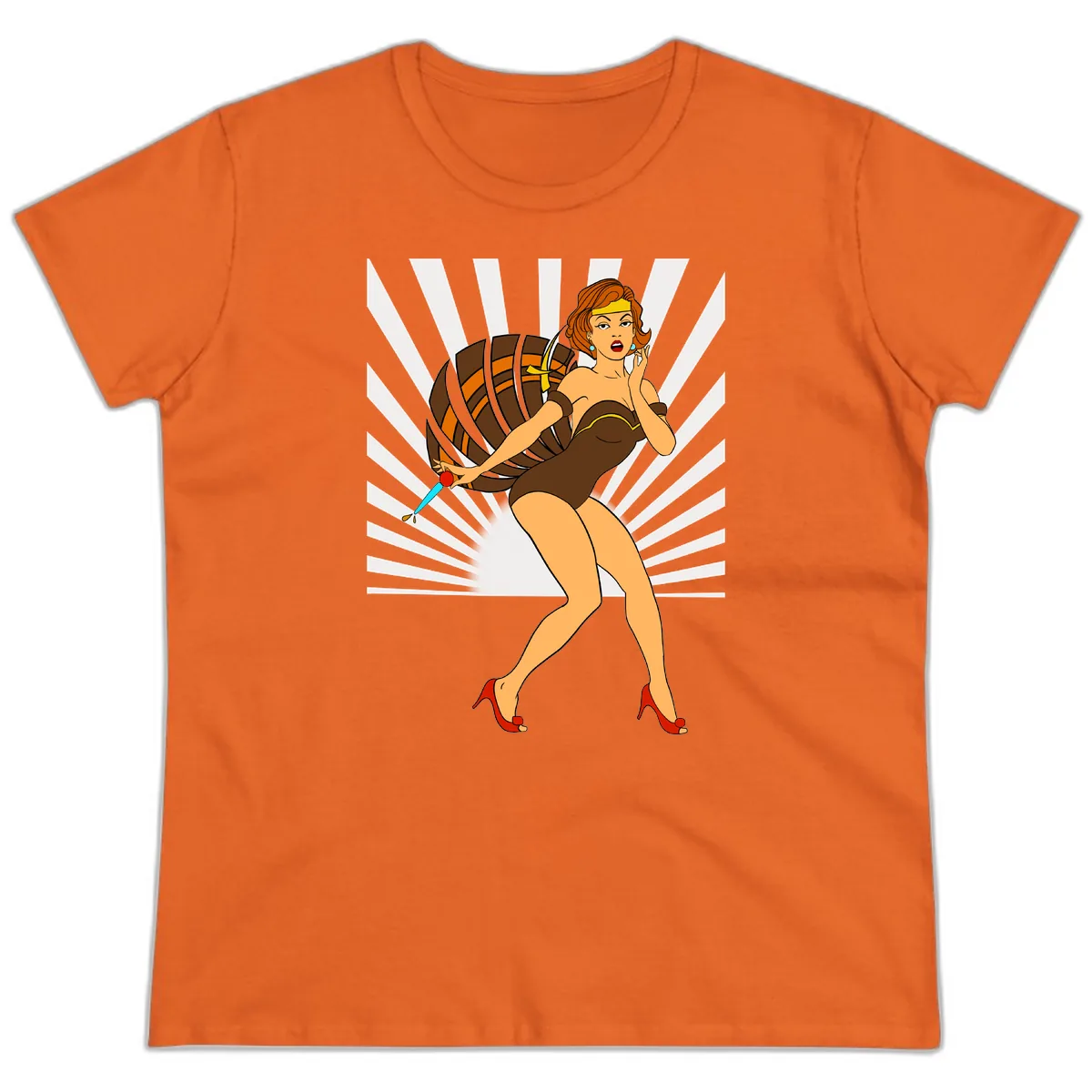 Pin-Up Girl With Barrel And Dagger Ladies Tee in Orange