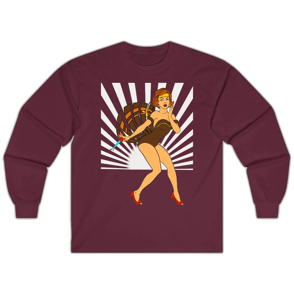 Pin-Up Girl With Barrel And Dagger Long Sleeve in Maroon