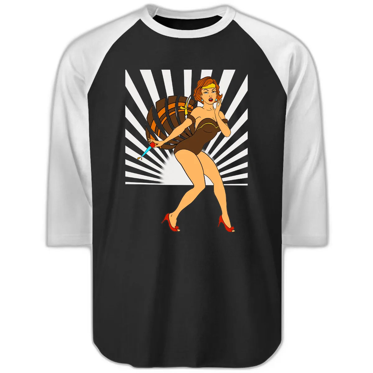 Pin-Up Girl With Barrel And Dagger Raglan 3/4 in Black White
