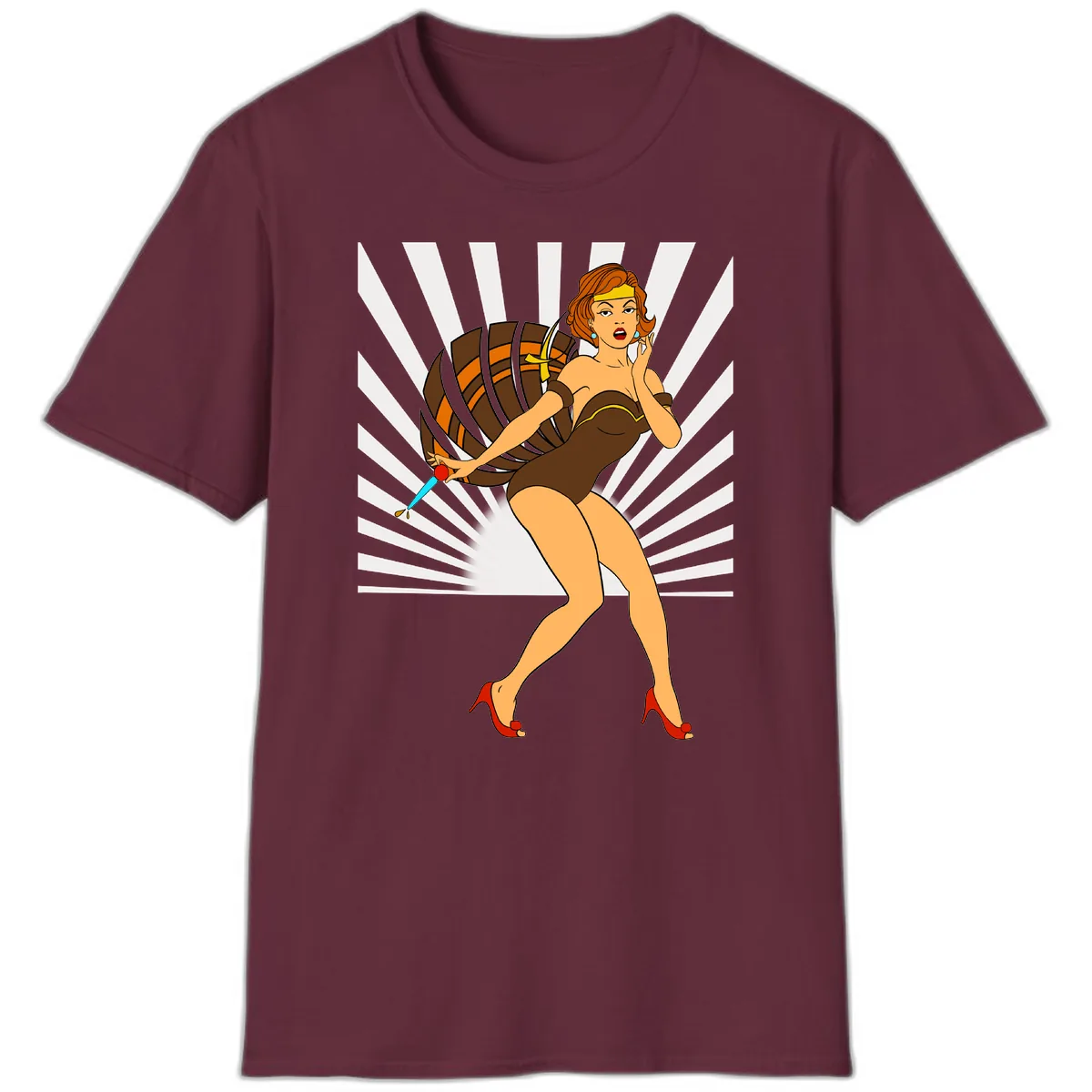 Pin-Up Girl With Barrel And Dagger T-Shirt in Maroon