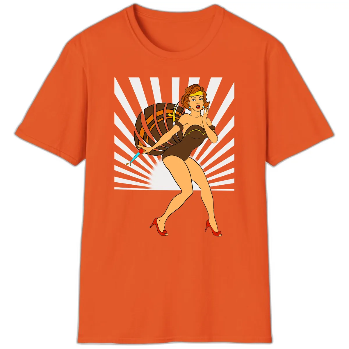 Pin-Up Girl With Barrel And Dagger T-Shirt in Orange
