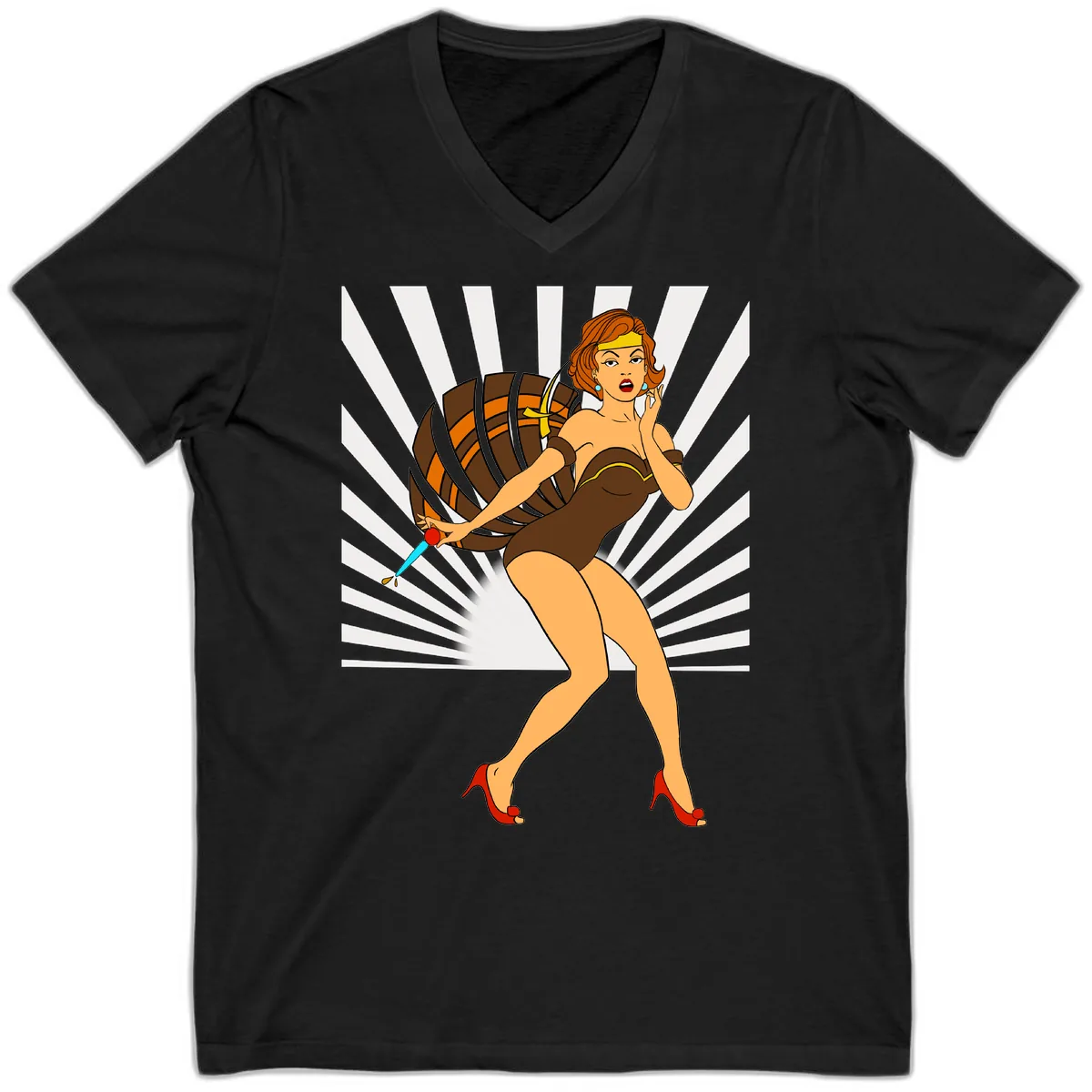 Pin-Up Girl With Barrel And Dagger V-Neck in Black