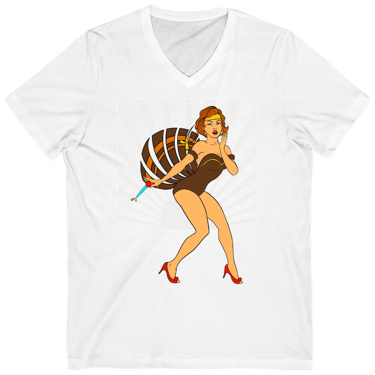 Pin-Up Girl With Barrel And Dagger V-Neck in White