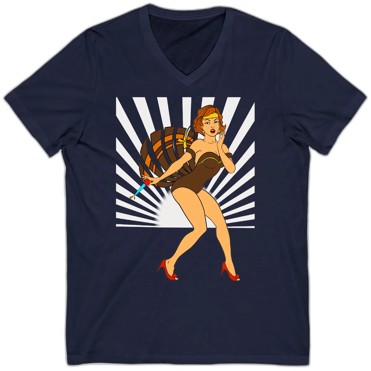 Pin-Up Girl With Barrel And Dagger V-Neck in Navy