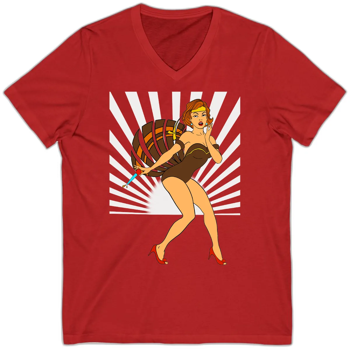 Pin-Up Girl With Barrel And Dagger V-Neck in Red