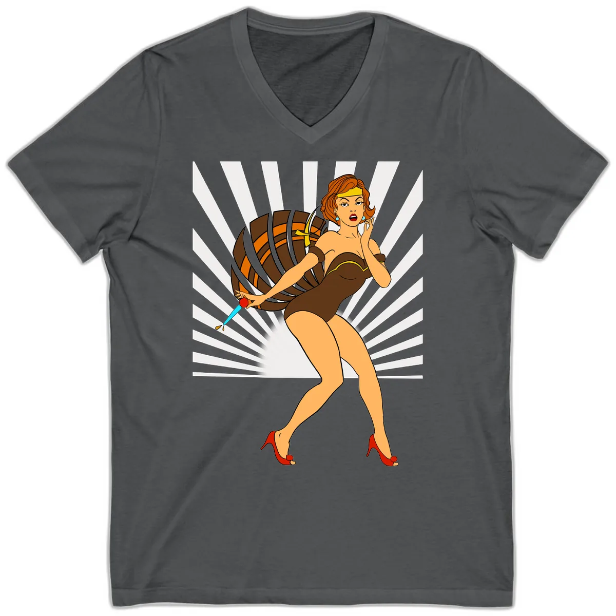 Pin-Up Girl With Barrel And Dagger V-Neck in Asphalt