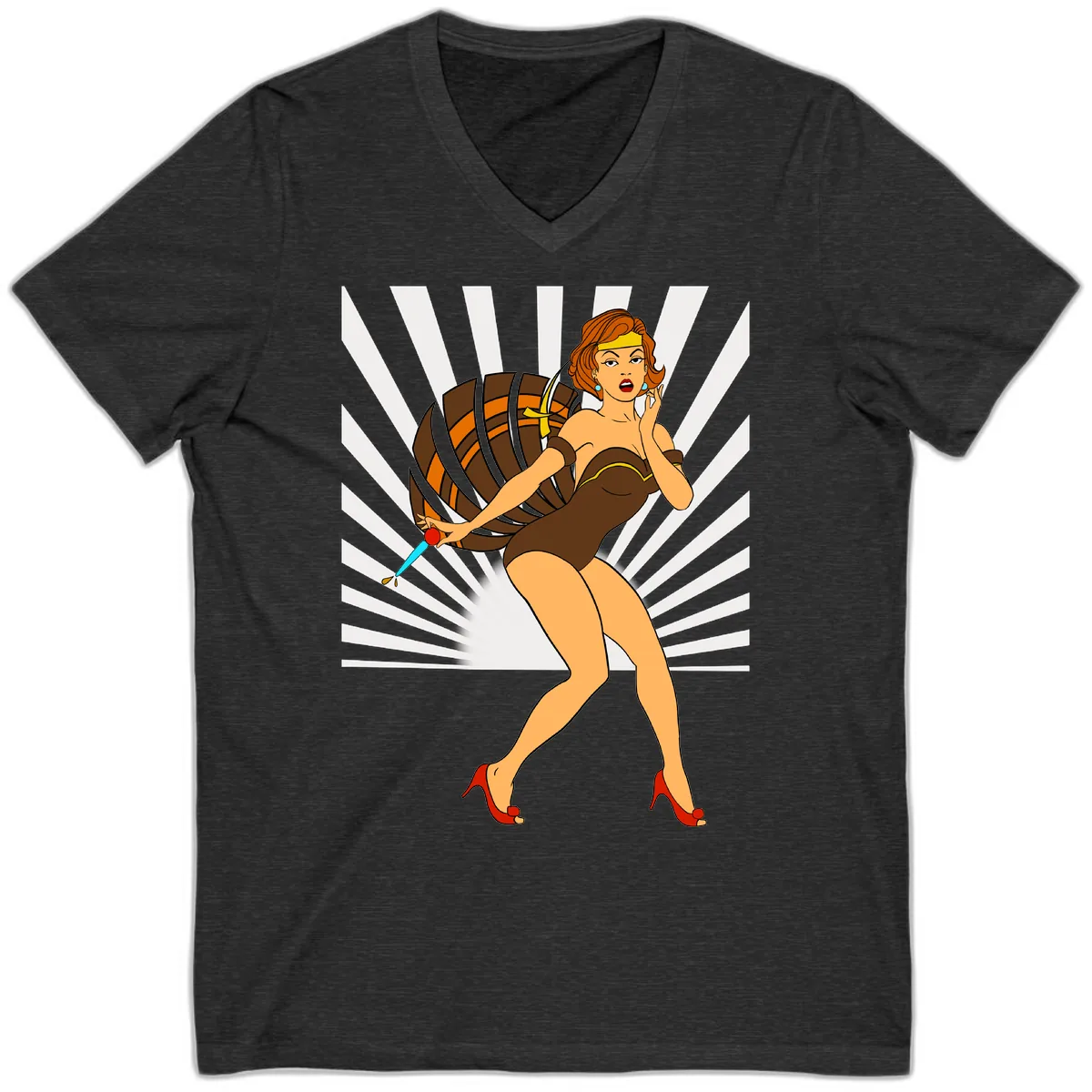 Pin-Up Girl With Barrel And Dagger V-Neck in Dark Grey Heather