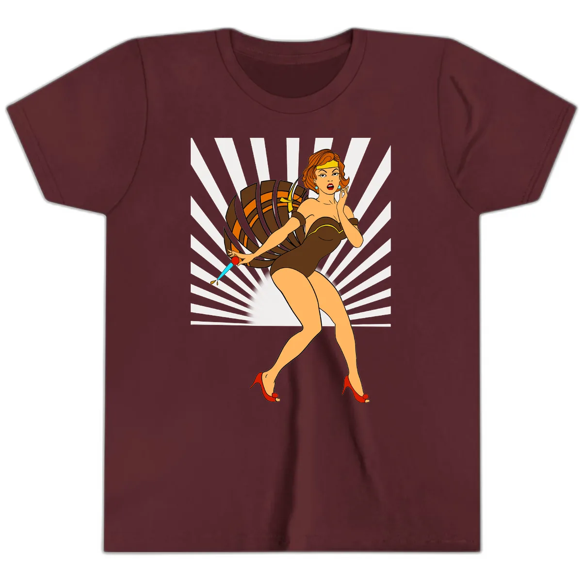 Pin-Up Girl With Barrel And Dagger Youth T-Shirt in Maroon