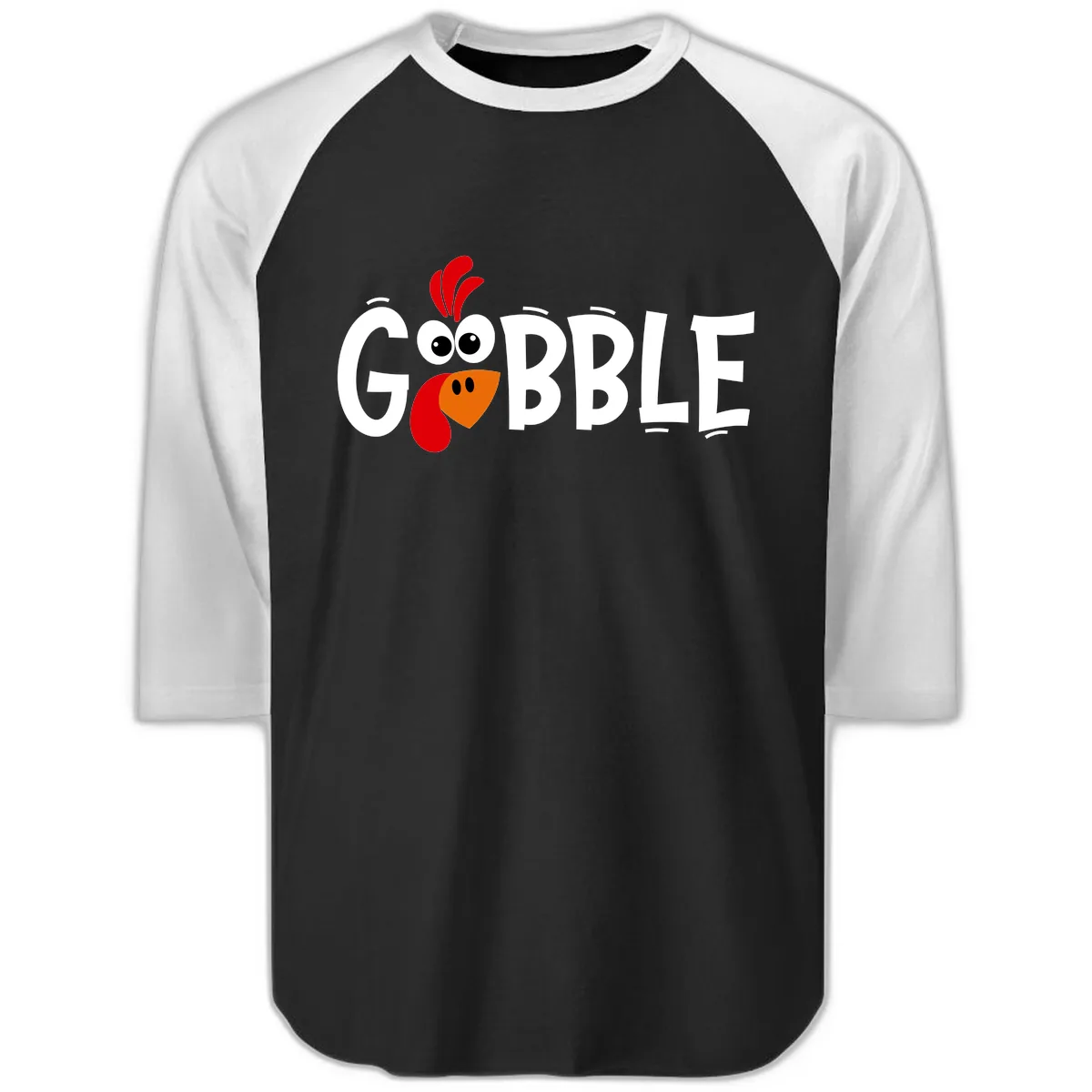 Gobble Gobble Turkey Face Raglan 3/4 in Black White
