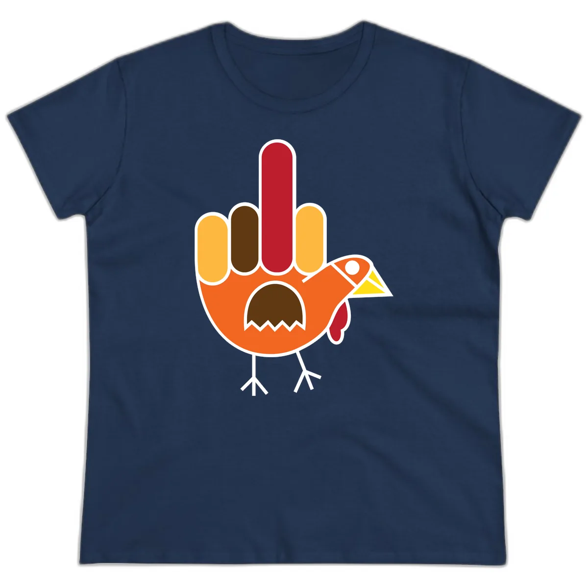 Turkey Hand Gesture Thanksgiving Ladies Tee in Navy