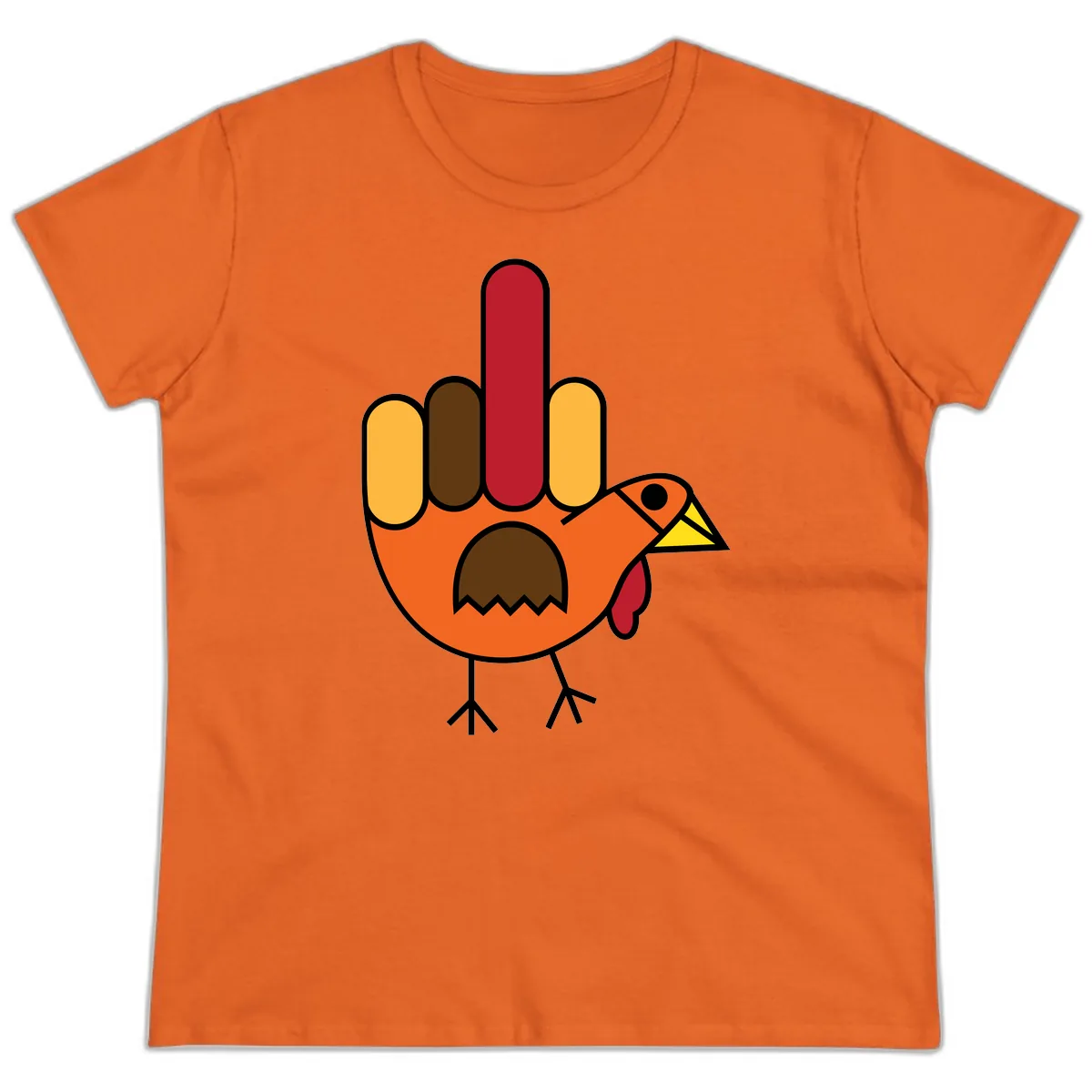 Turkey Hand Gesture Thanksgiving Ladies Tee in Orange