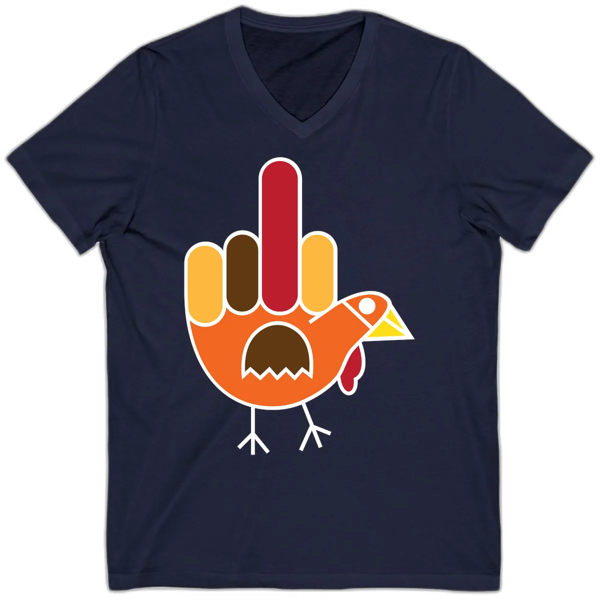 Turkey Hand Gesture Thanksgiving V-Neck in Navy
