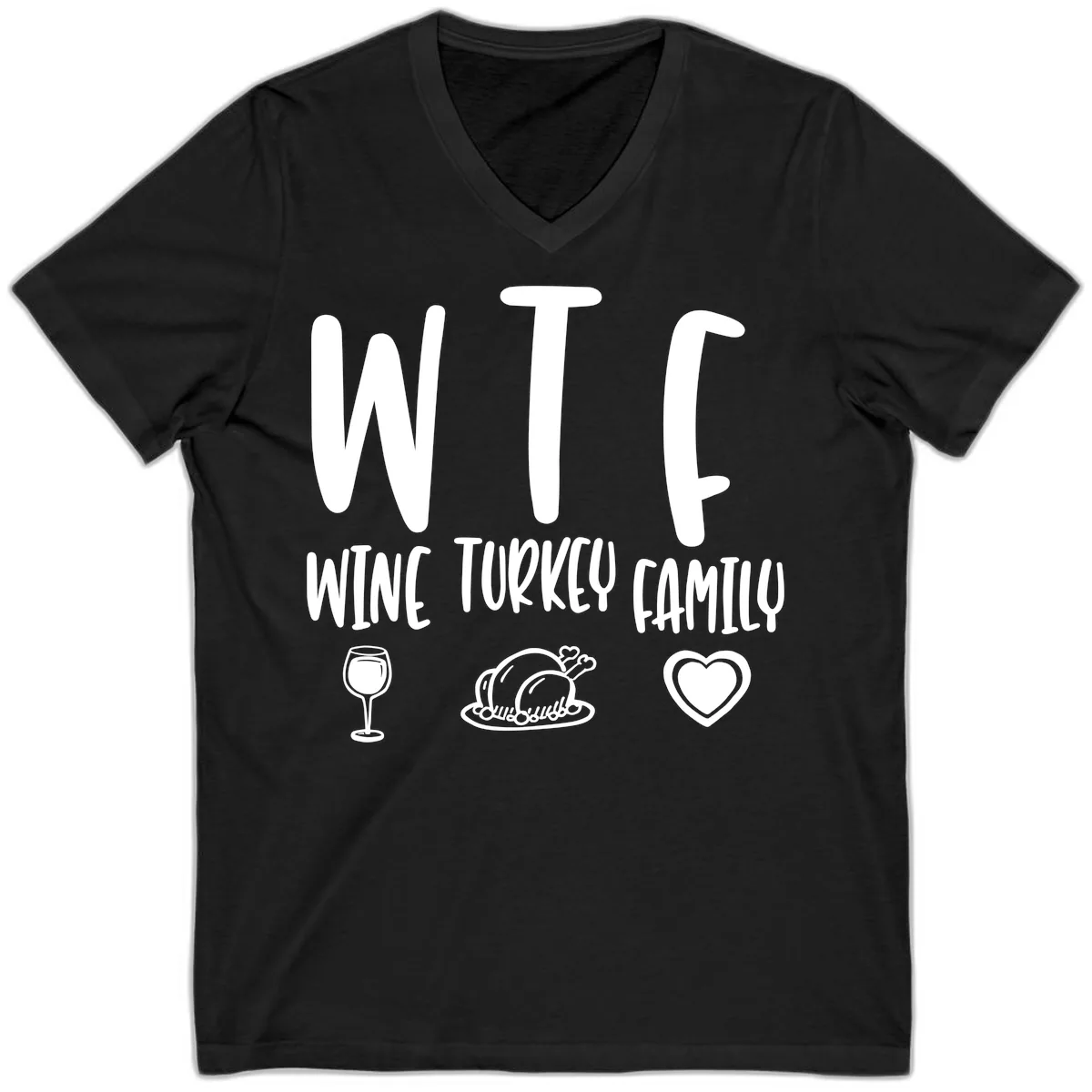 Wine Turkey Family Holiday Saying V-Neck in Black