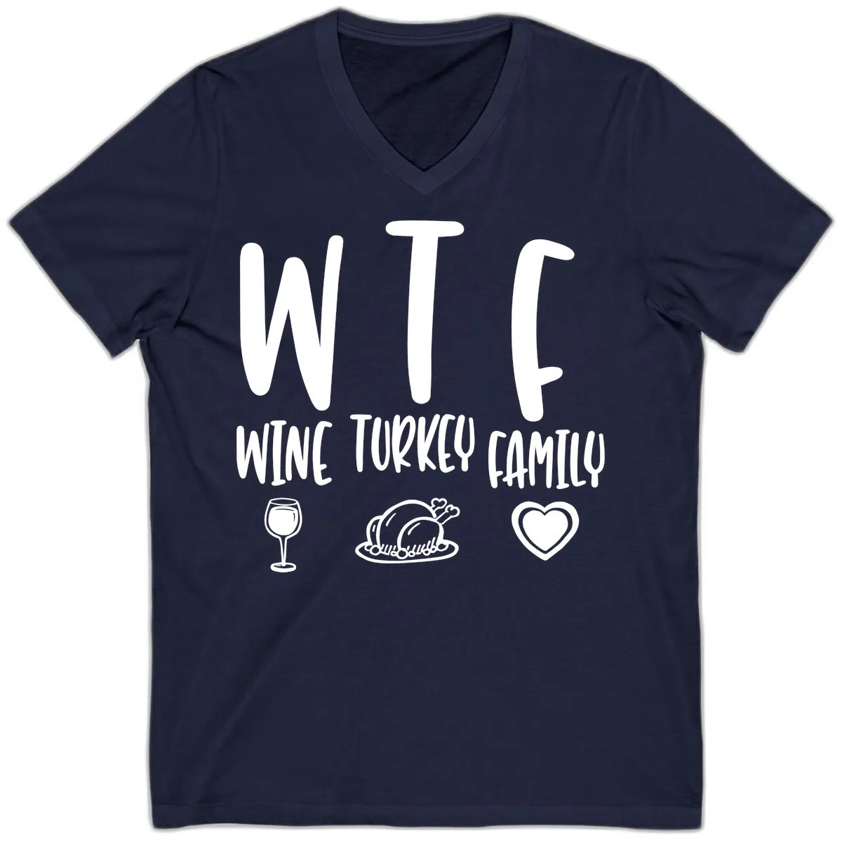 Wine Turkey Family Holiday Saying V-Neck in Navy
