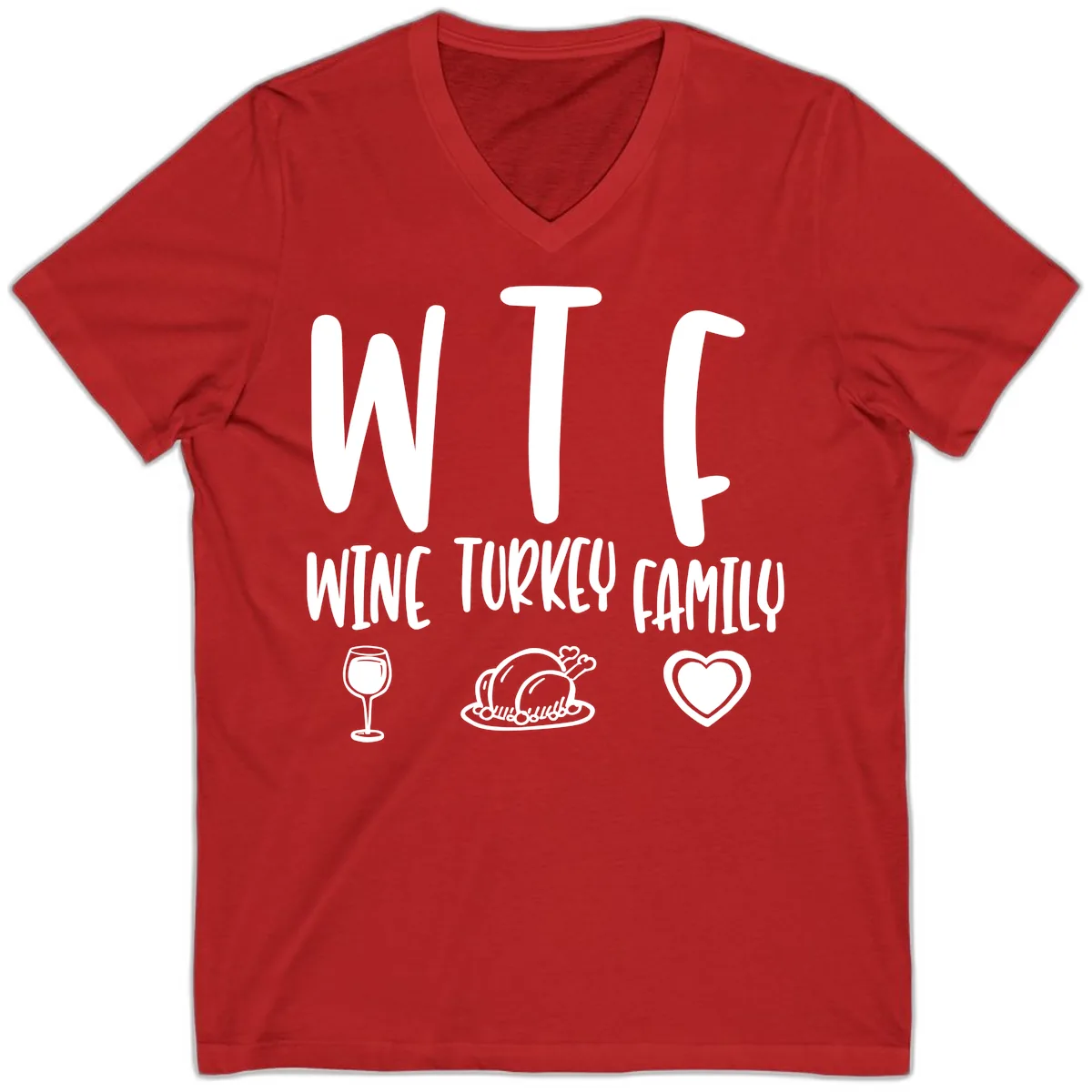 Wine Turkey Family Holiday Saying V-Neck in Red