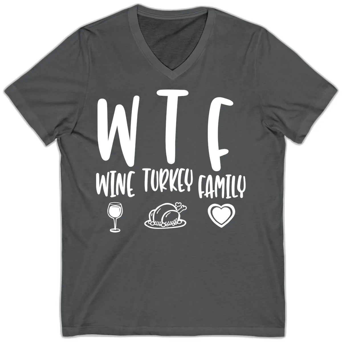 Wine Turkey Family Holiday Saying V-Neck in Asphalt