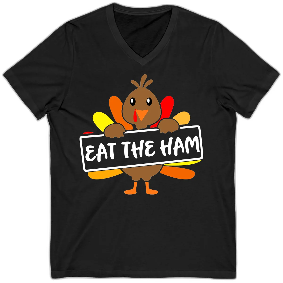 Turkey Holding Eat The Ham Sign V-Neck in Black