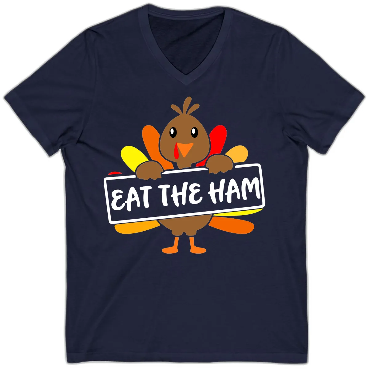 Turkey Holding Eat The Ham Sign V-Neck in Navy